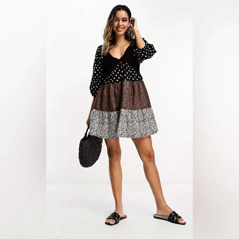 ASOS DESIGN crochet tiered babydoll mini dress in mixed animal print SZ 2O - Picture 3 of 9